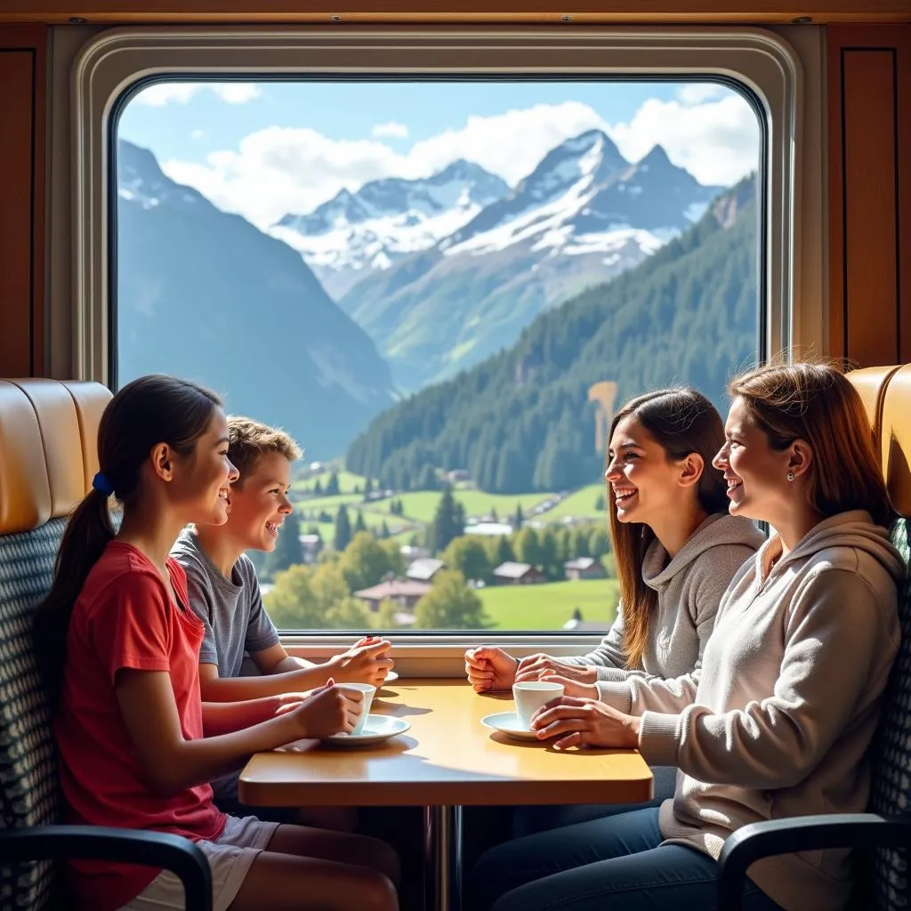 Family enjoying a scenic train ride through the Swiss Alps