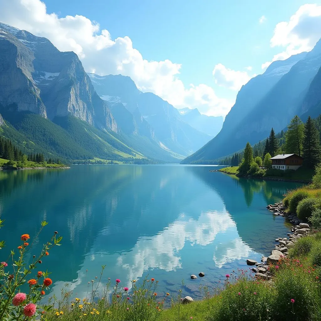 Scenic view of the Swiss Alps reflected in a serene lake