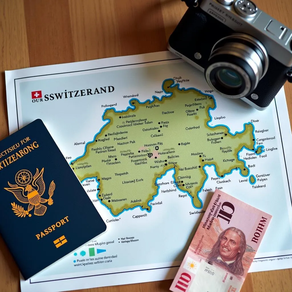 Essential travel items for a Switzerland trip: passport, map, and camera