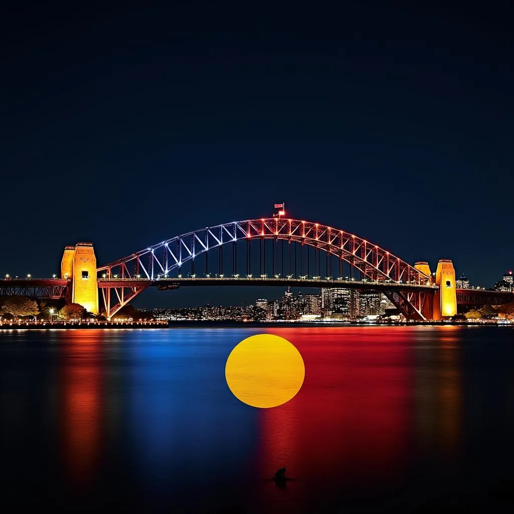 Sydney Harbour Bridge illuminated with the Aboriginal flag