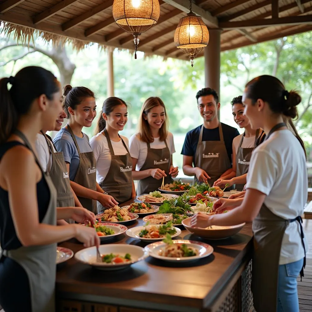  Participants learning to prepare authentic Thai dishes in a cooking class