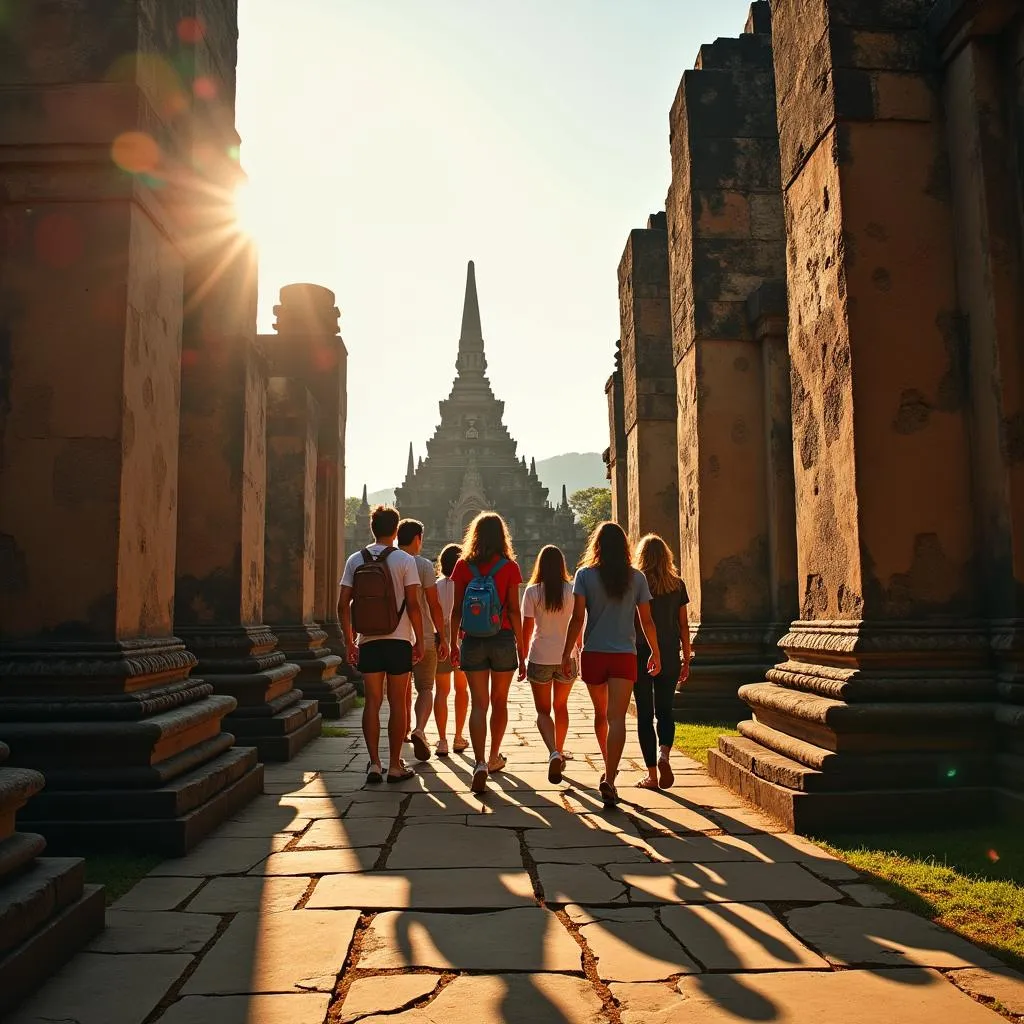 Group of friends exploring ancient temple in Thailand