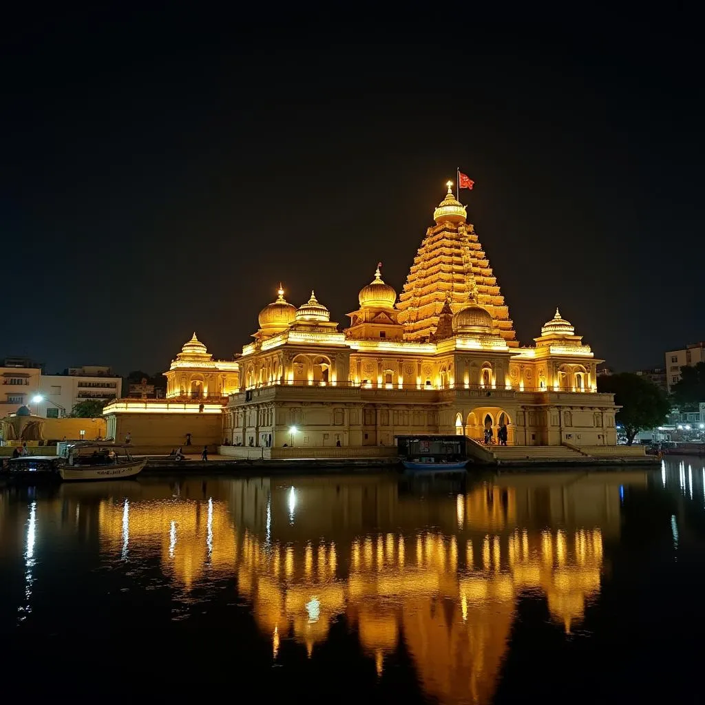 Illuminated Tirupati Balaji temple at night