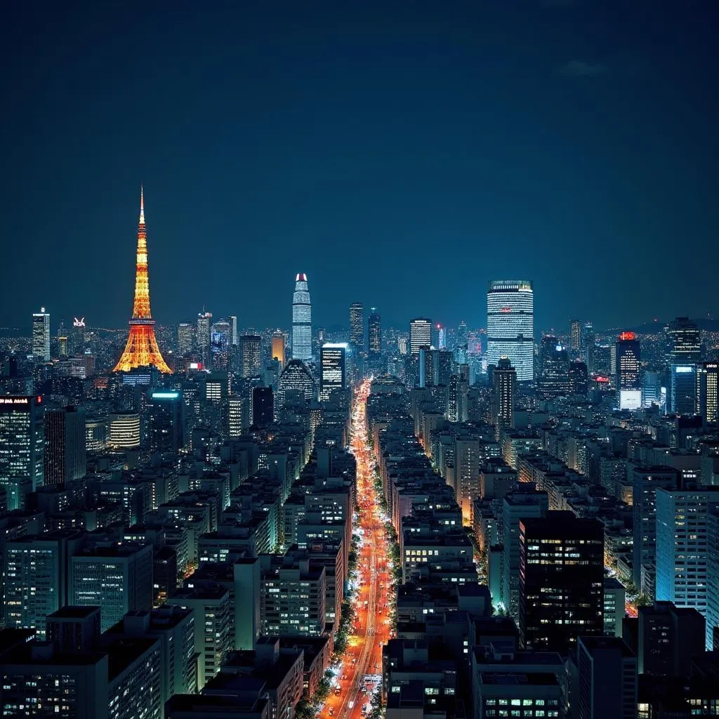 Tokyo skyline at night with vibrant city lights.