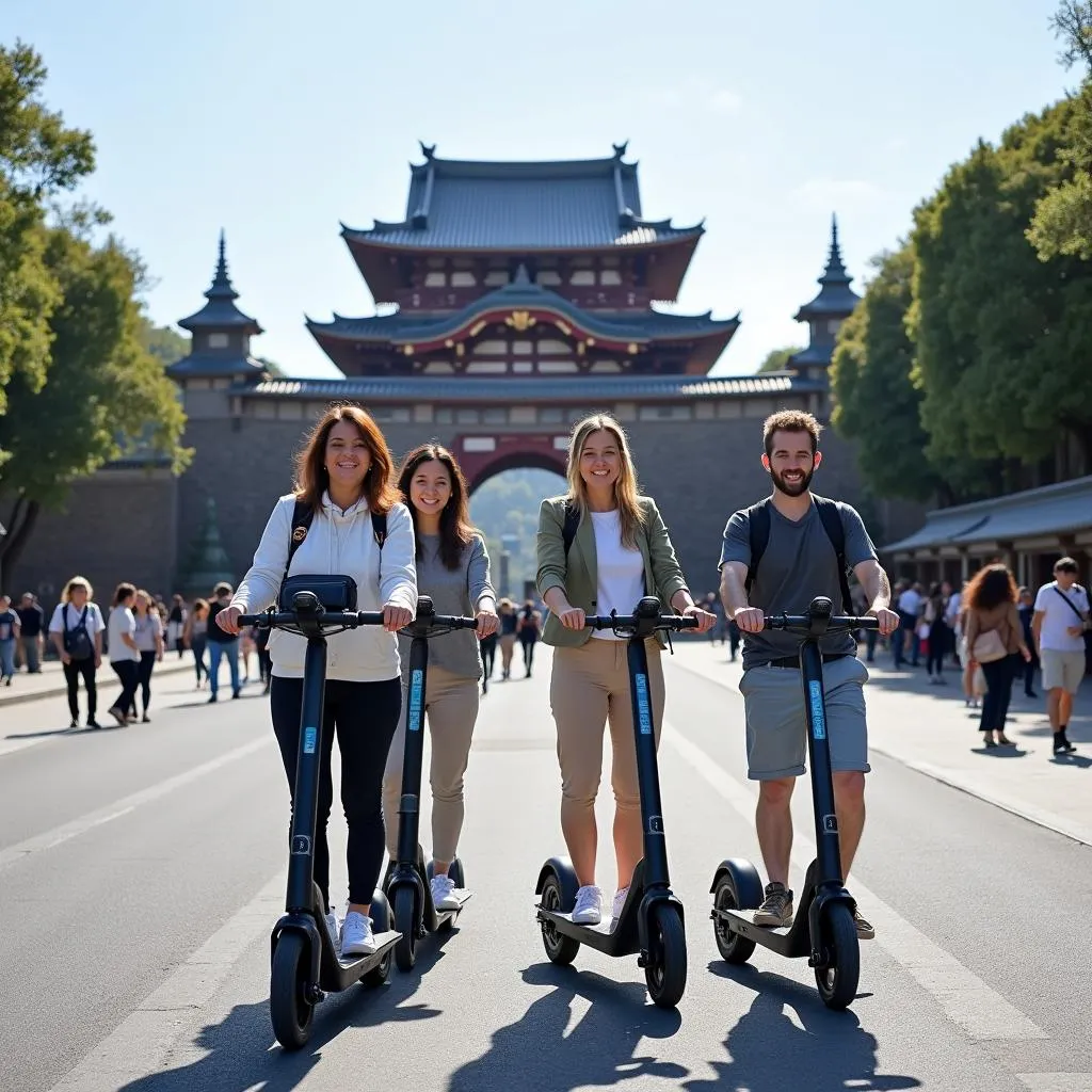 Tourists on electric scooters in front of the Imperial Palace in Tokyo