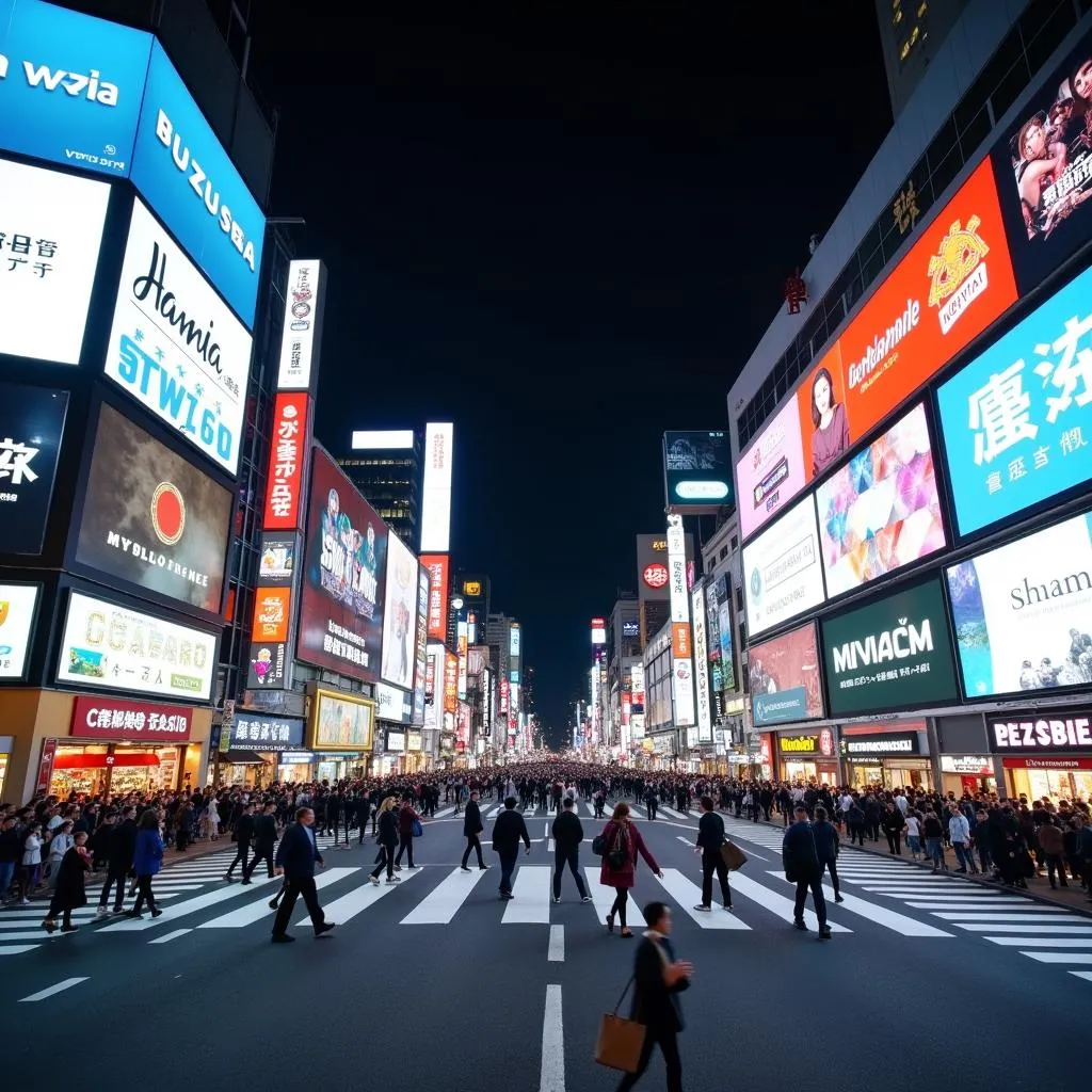 Busy Shibuya Crossing in Tokyo at Night