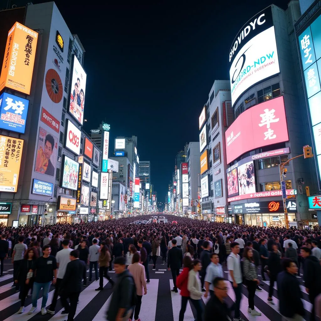 Crowds of people cross Shibuya Crossing in Tokyo