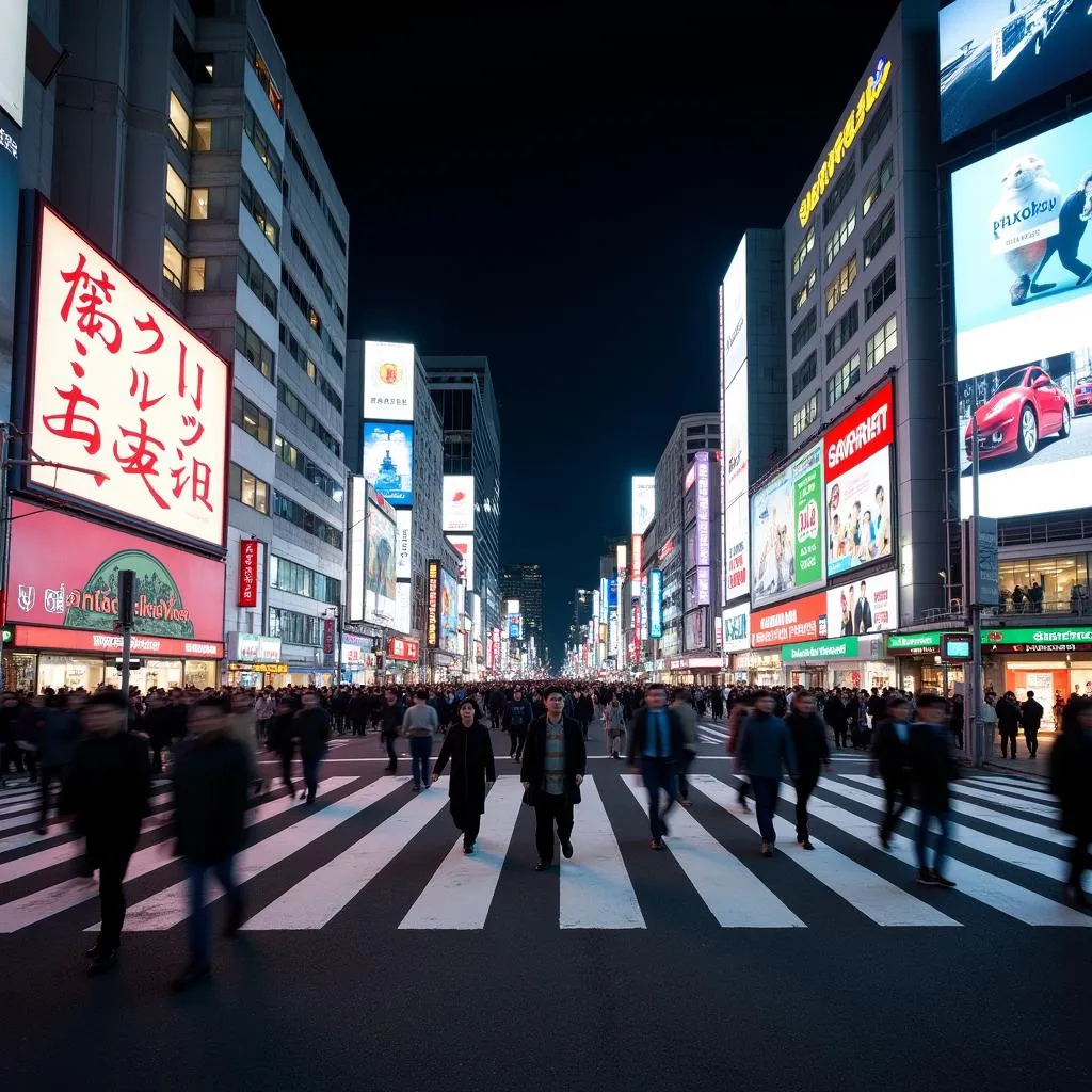 Crowded Shibuya Crossing in Tokyo at night