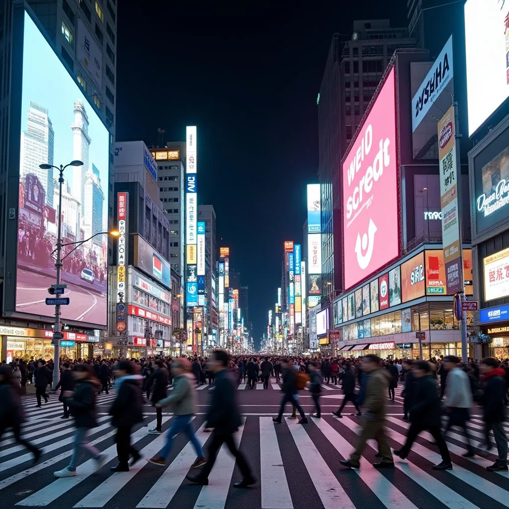 Crowds of pedestrians crossing Shibuya Crossing in Tokyo, Japan