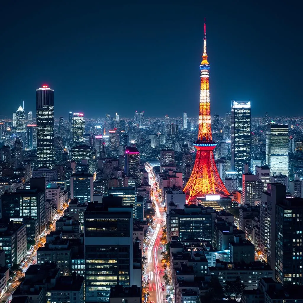 Vibrant Tokyo skyline at night showcasing neon lights and modern architecture