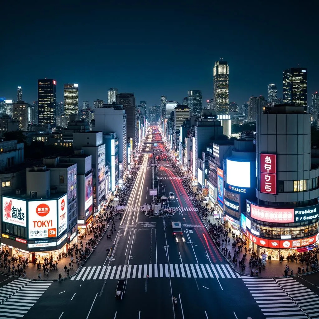 Tokyo skyline with Shibuya crossing at night