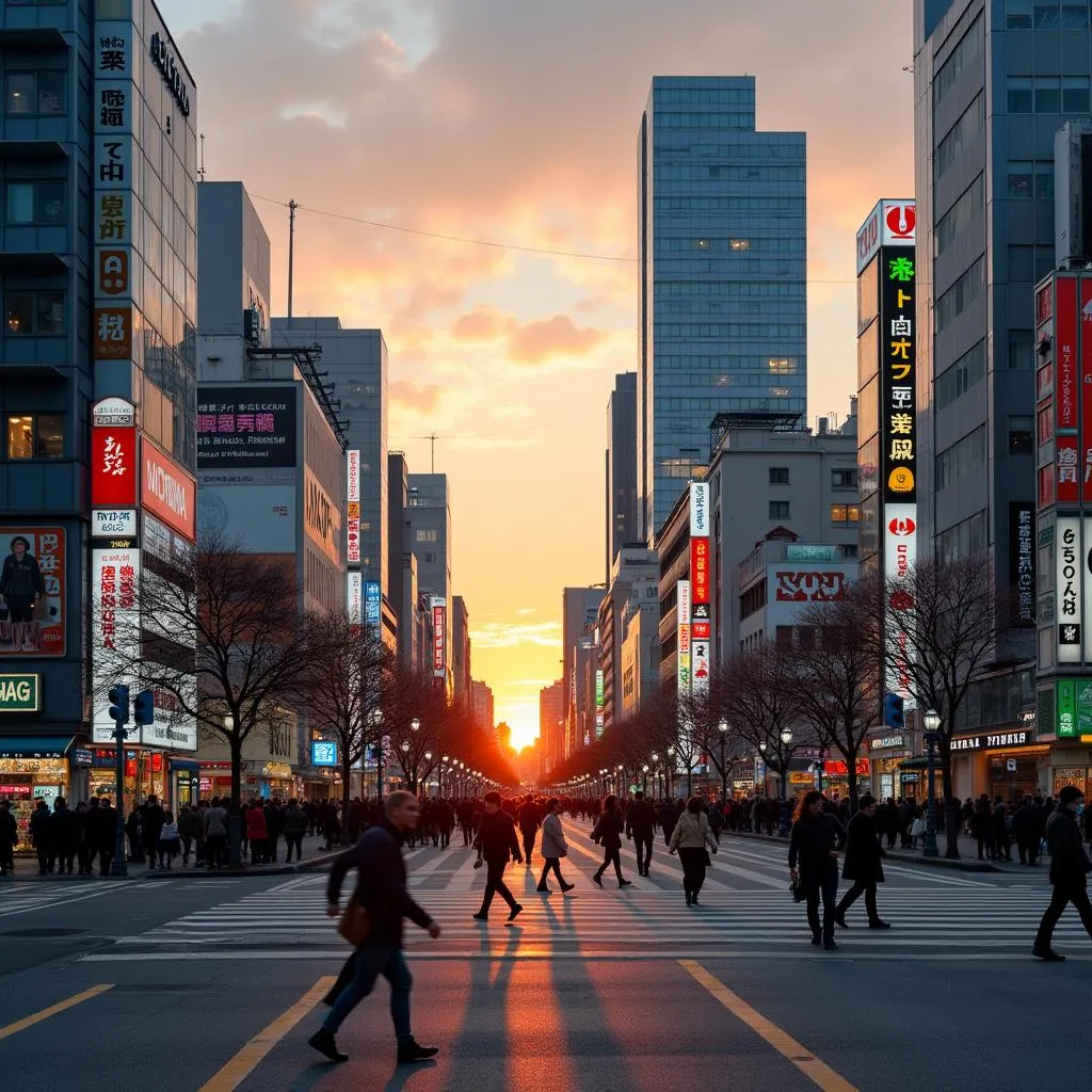 Tokyo skyline with Shibuya Crossing at sunset