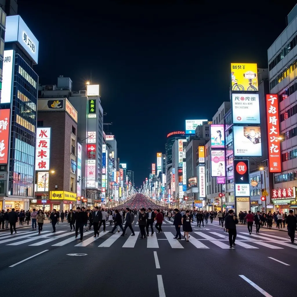 Vibrant Tokyo skyline at night with Shibuya crossing in the foreground