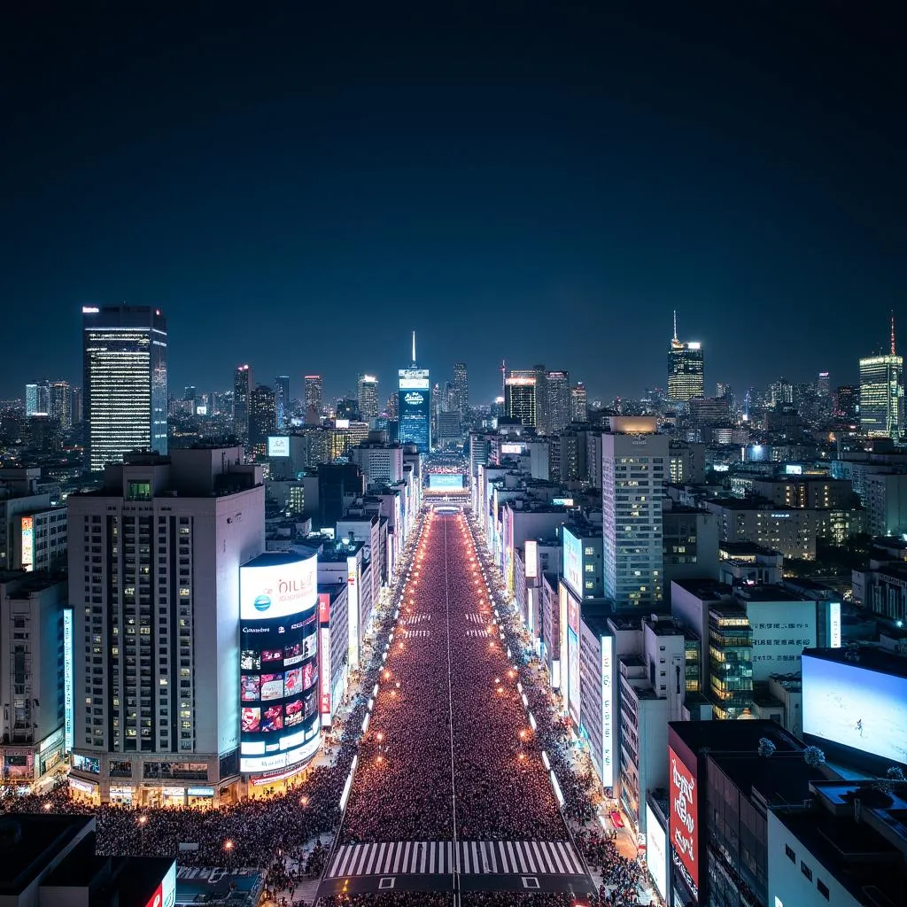 Vibrant Tokyo skyline view from Shibuya crossing at night