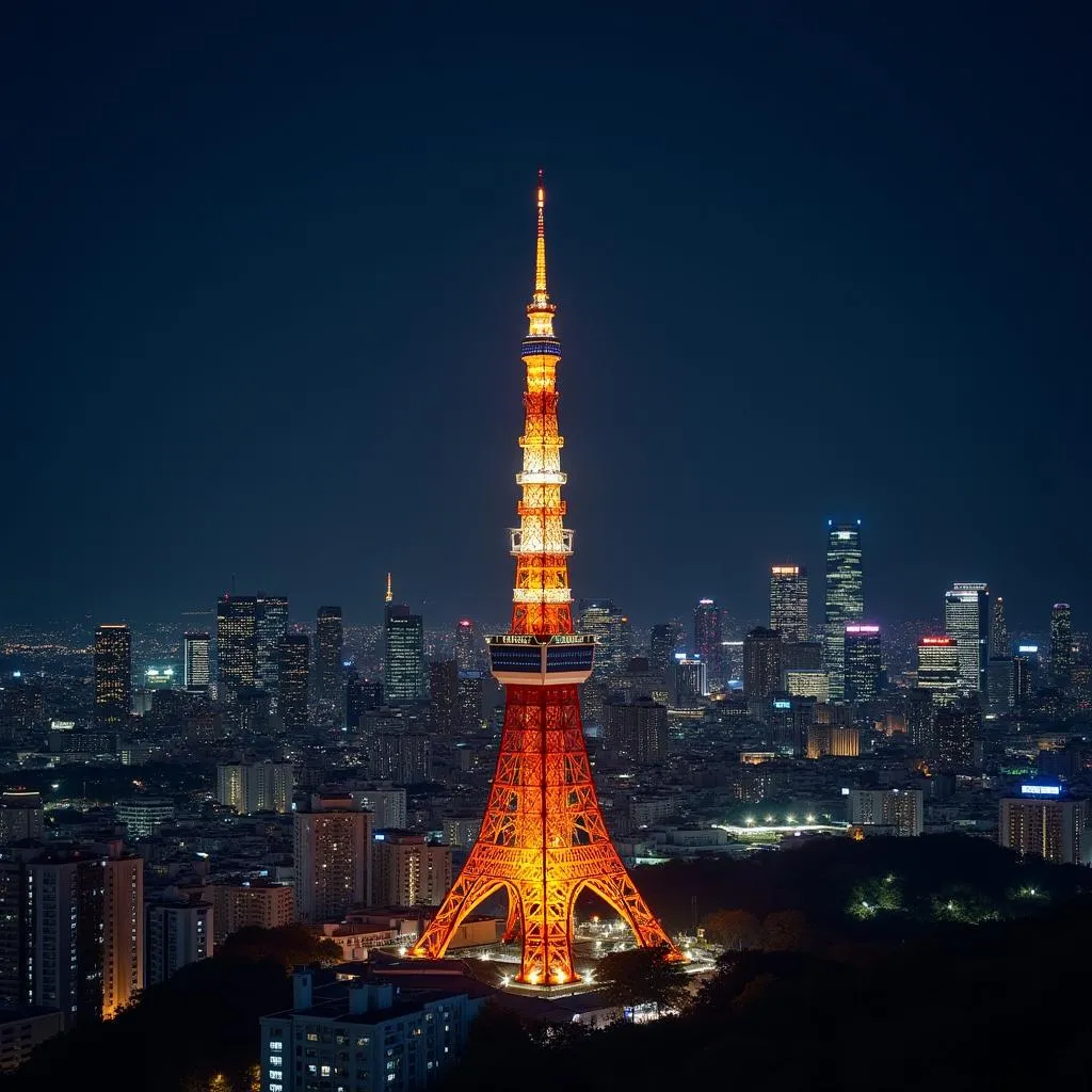 Tokyo Tower illuminated against the night sky