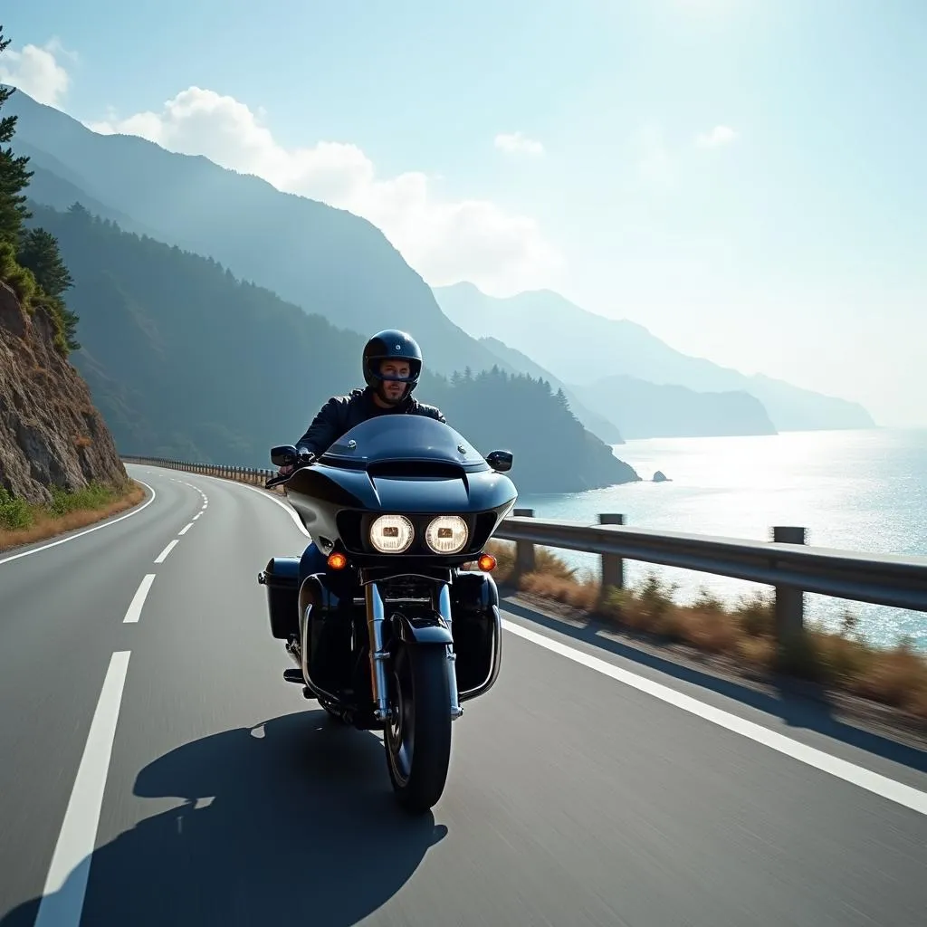 Touring motorcycle cruising along a scenic coastal highway in Japan