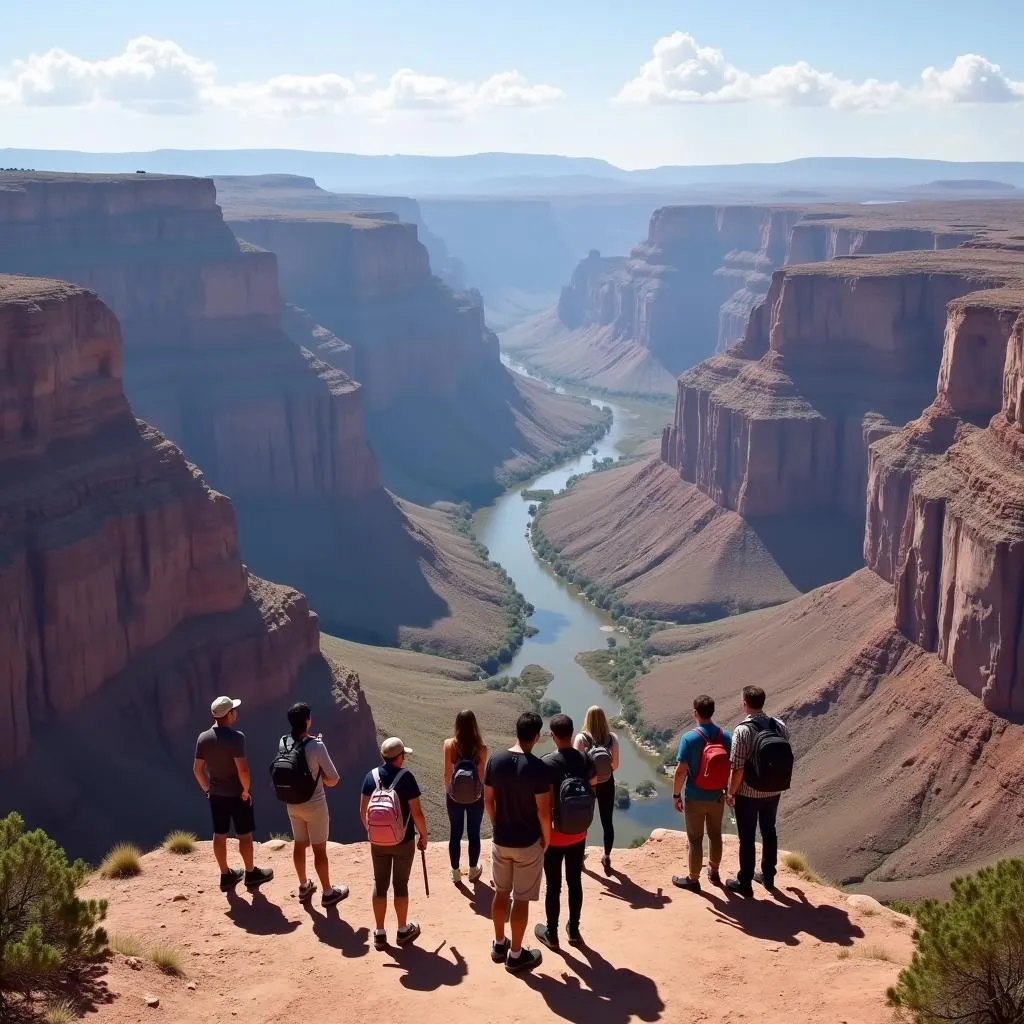 Tourists enjoying the panoramic views of the Grand Canyon during a helicopter tour