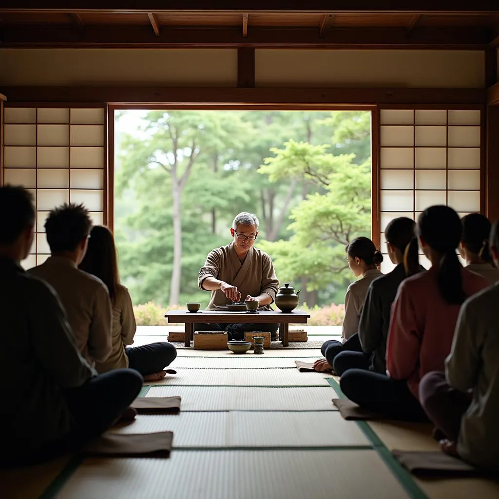 Tourists enjoying a tea ceremony in a traditional Japanese home