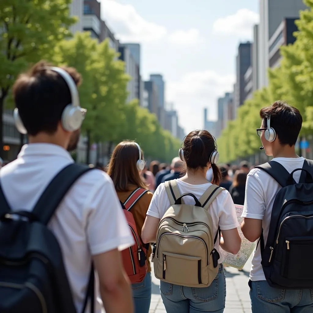 Tourists listening to audio guides while exploring Japan