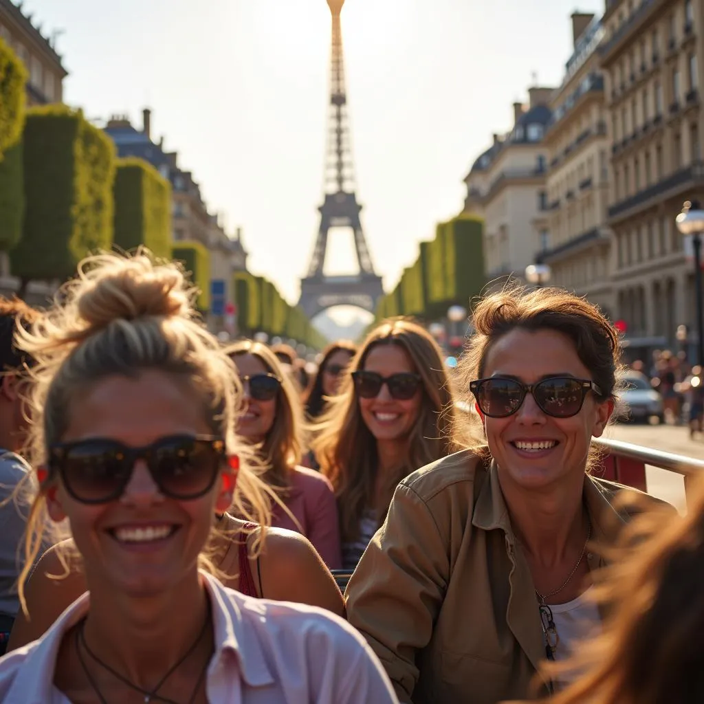 Tourists enjoying open-top Big Bus tour in Paris