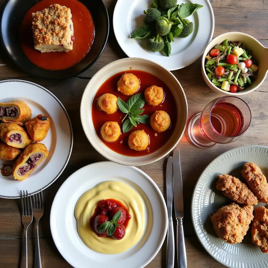 A table setting with an assortment of traditional French dishes in Lyon