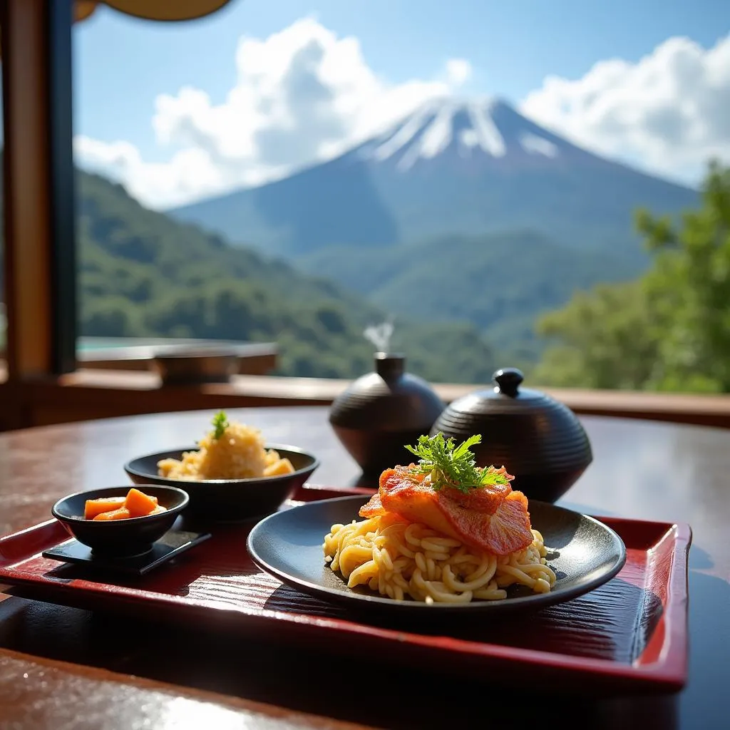 Traditional Japanese meal with mountain view