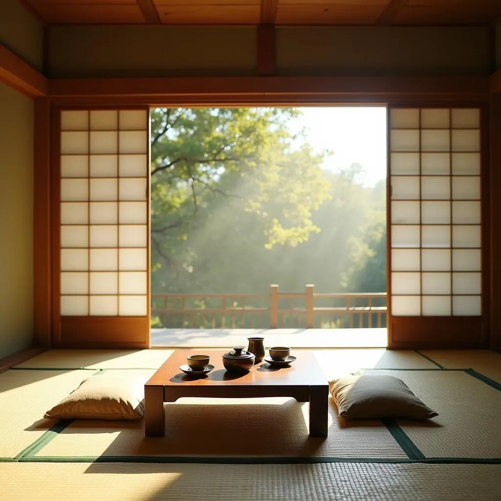 Japanese ryokan room with tatami mats and shoji screens