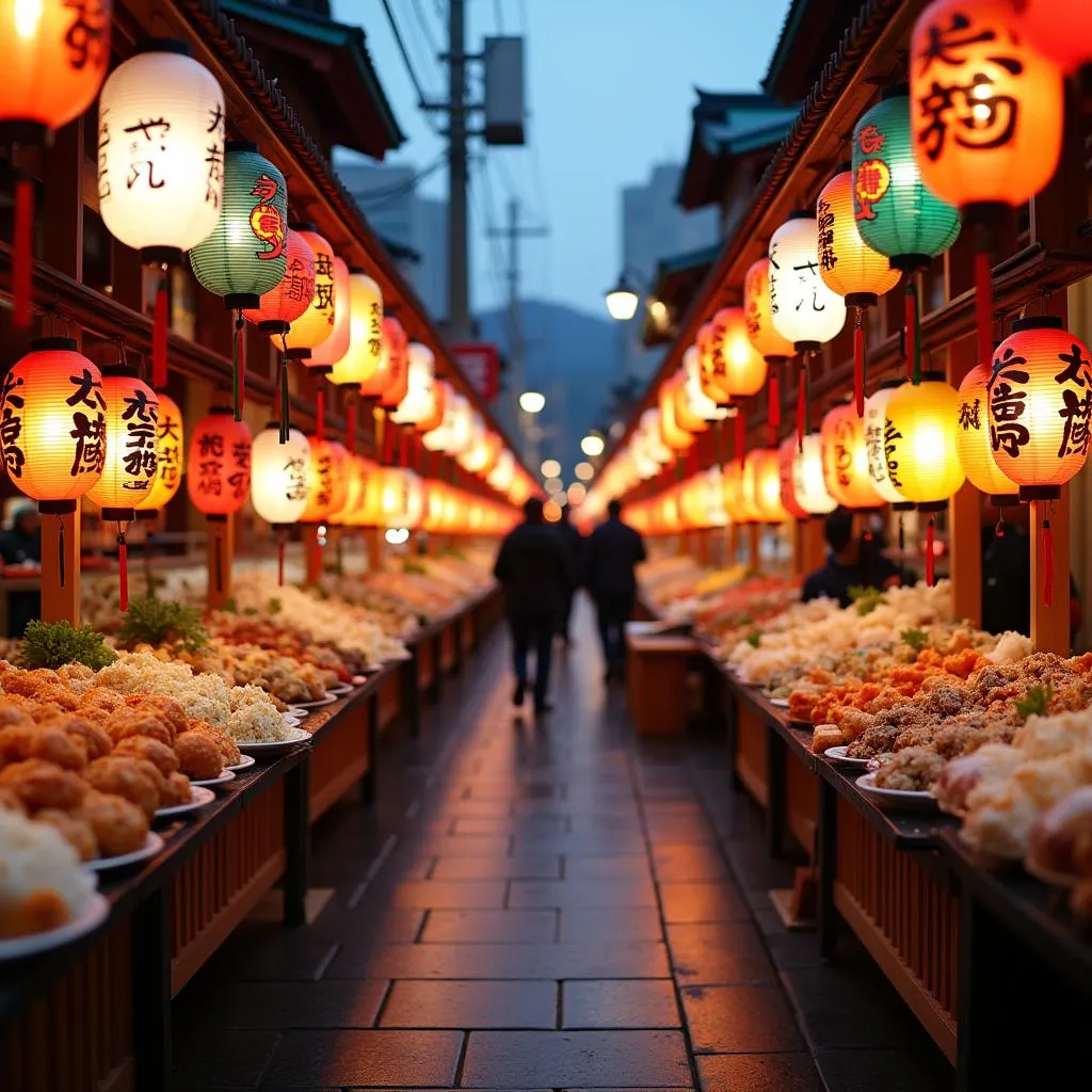 A bustling street food market during Uti Matsuri