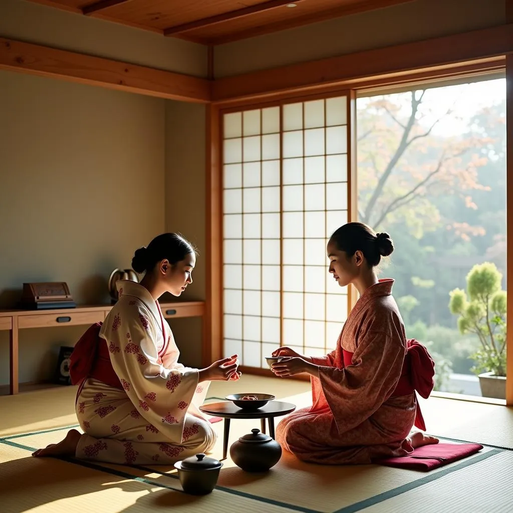 Two women in kimonos performing a traditional Japanese tea ceremony