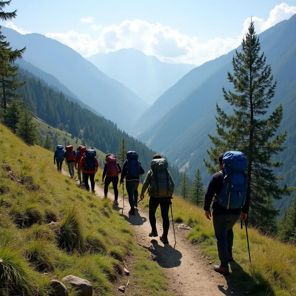 Group of trekkers on a Himalayan trail near Dehradun