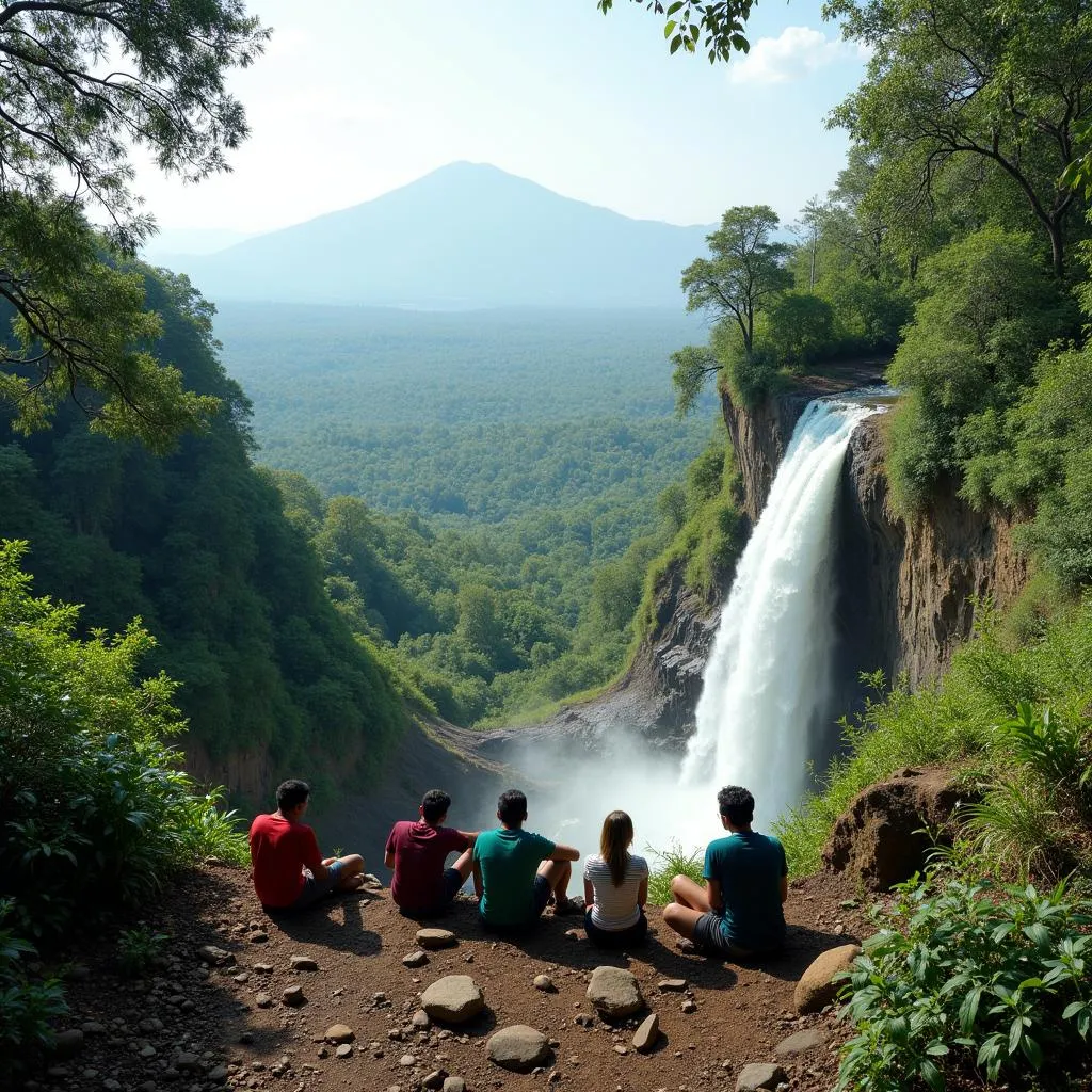 Hikers enjoying the view of a waterfall near Hyderabad