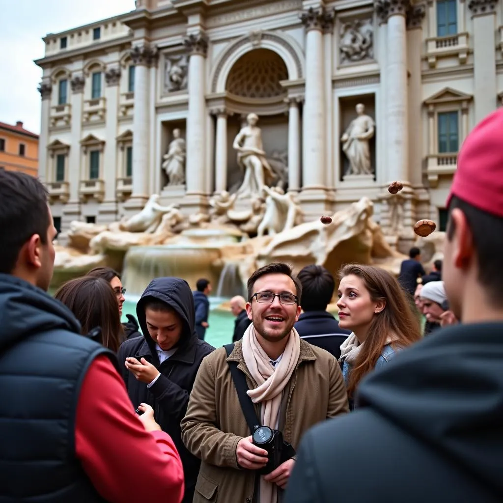 Tourists tossing coins into the Trevi Fountain in Rome