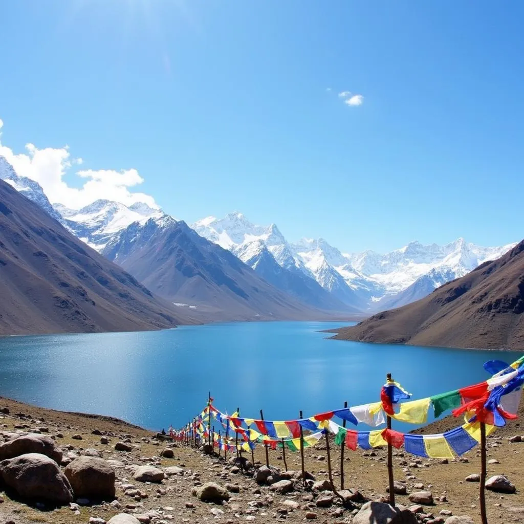 Serene Tsomgo Lake with colorful prayer flags