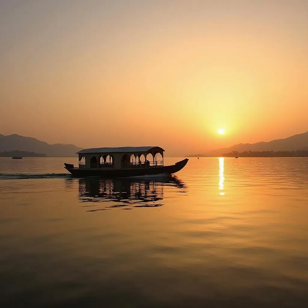 Boat on Lake Pichola at sunset