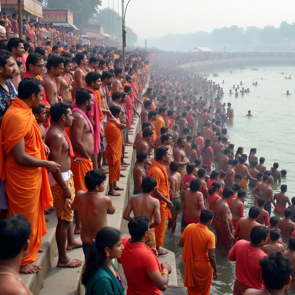 Pilgrims bathing in the ghats during Kumbh Mela in Ujjain