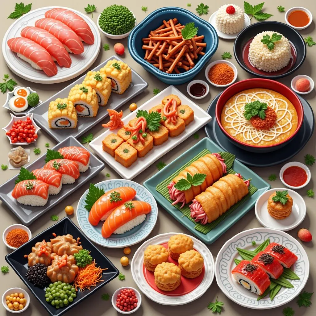 Assortment of Colorful Japanese Dishes