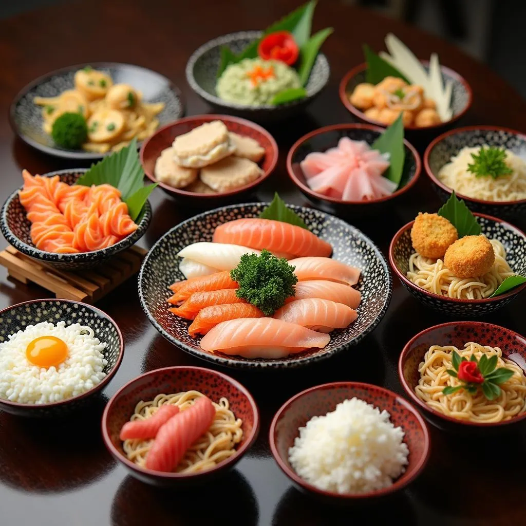 Assortment of colorful Japanese dishes arranged on a table