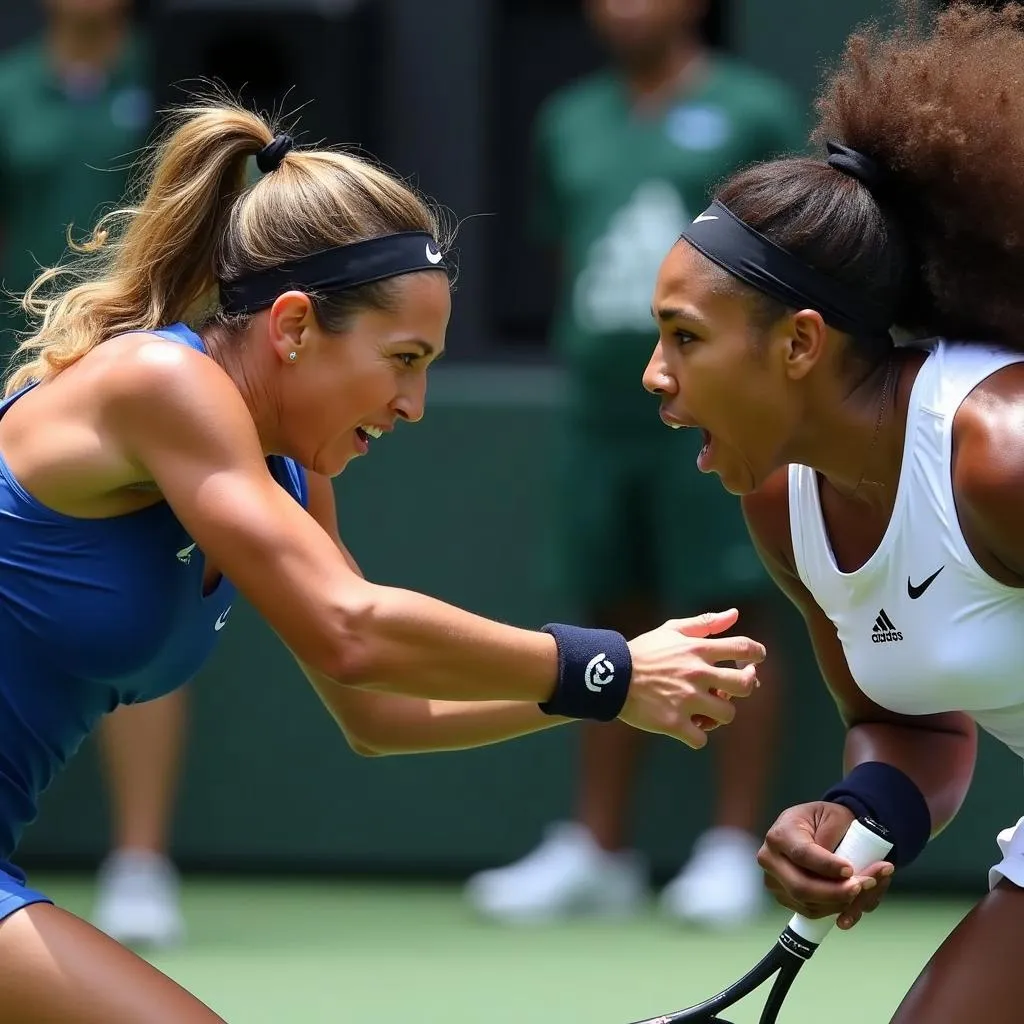 Victoria Azarenka and Serena Williams locked in a fierce rally at the 2013 WTA Tour Championships