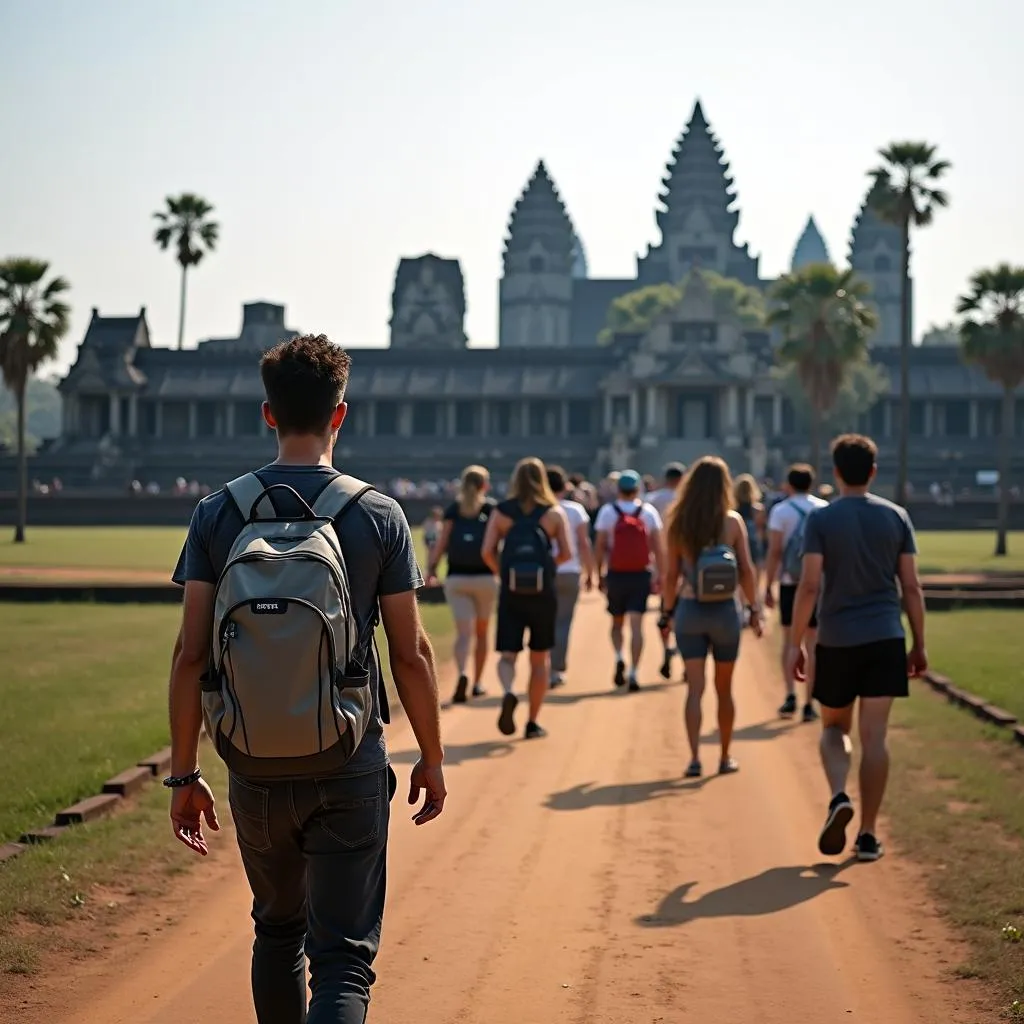 Group of tourists exploring ancient ruins in Southeast Asia