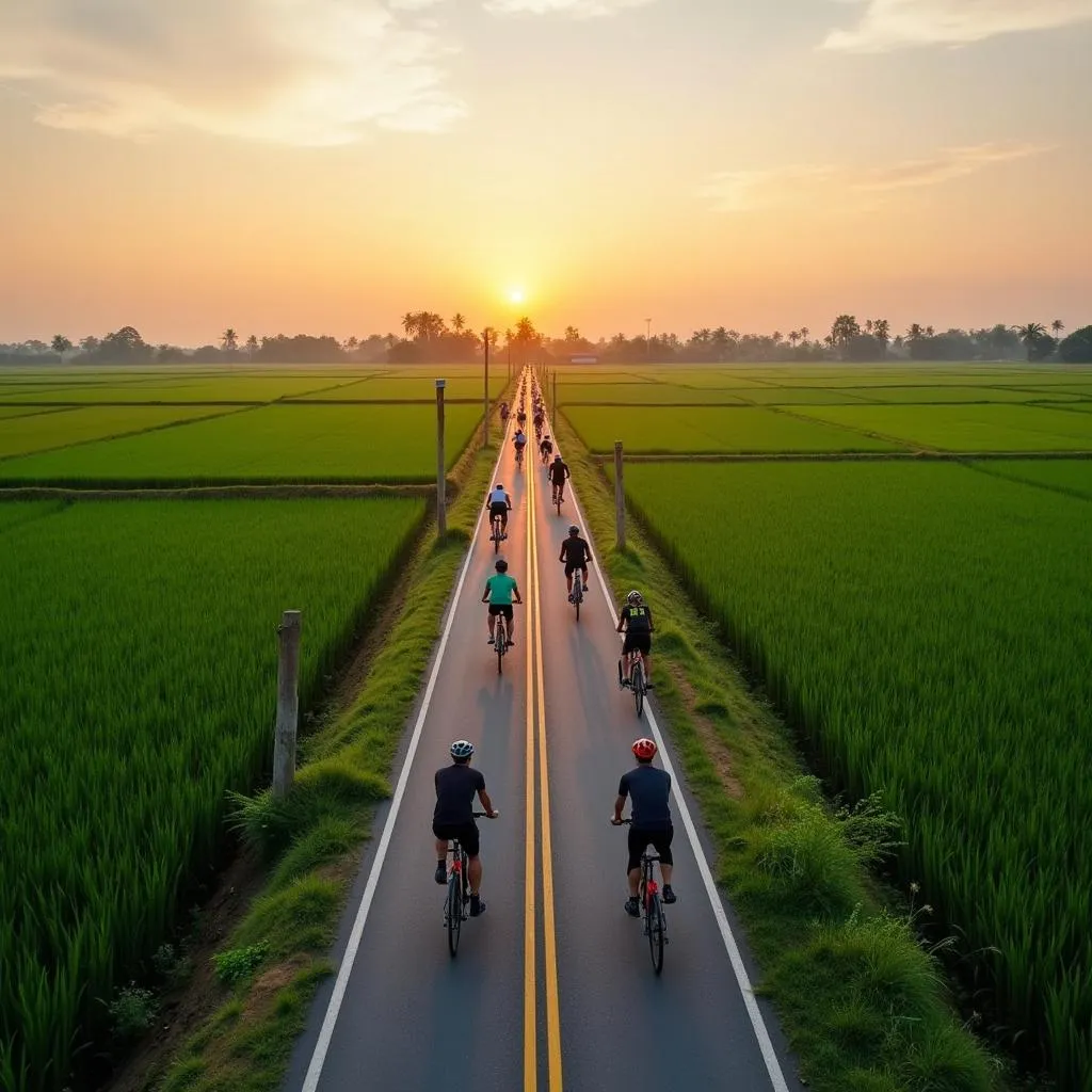 Cyclists enjoying a scenic ride through lush rice paddies in Vietnam