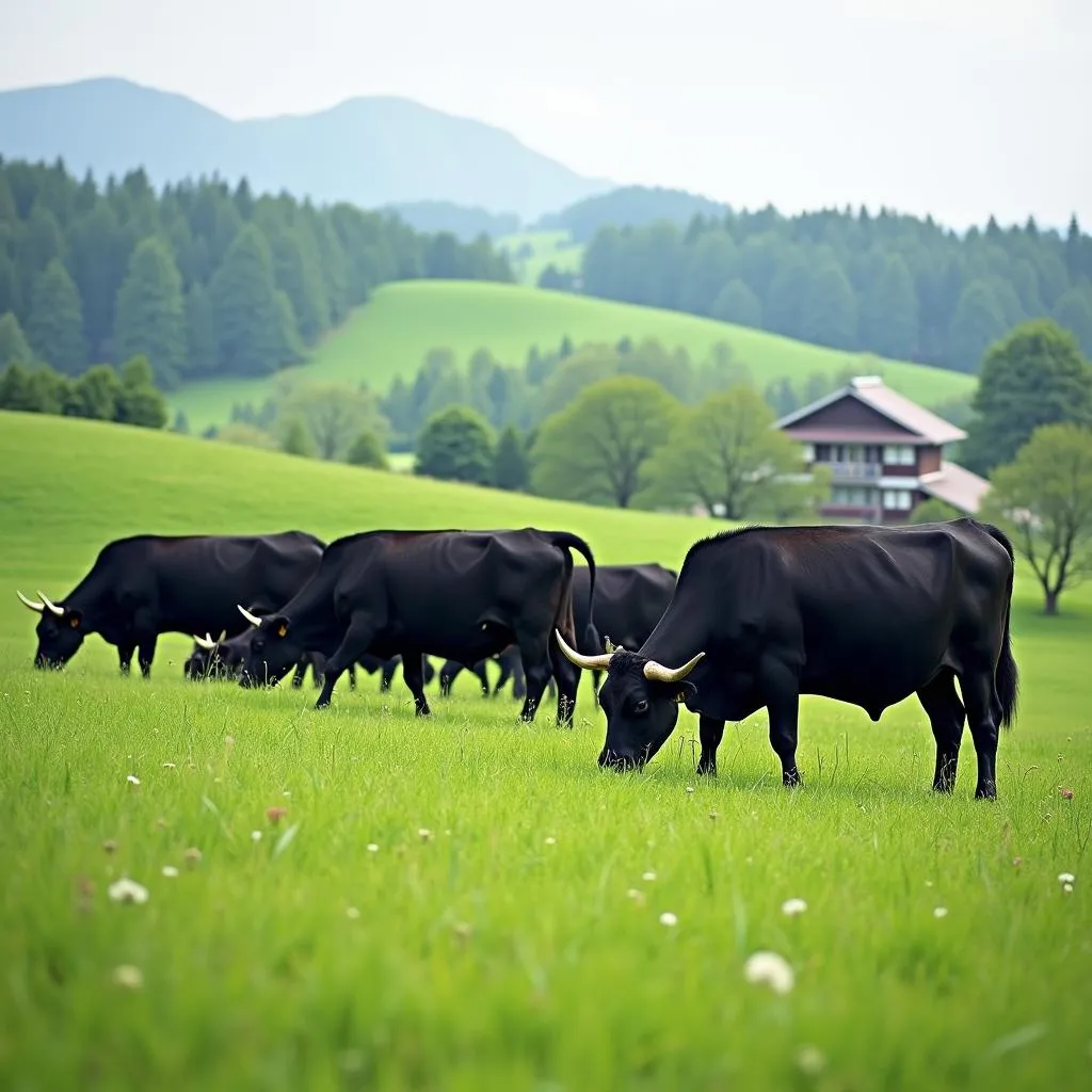 Wagyu cattle grazing peacefully on a farm