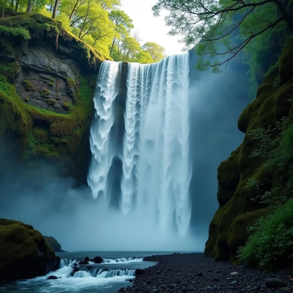 A stunning waterfall cascades through a lush green forest