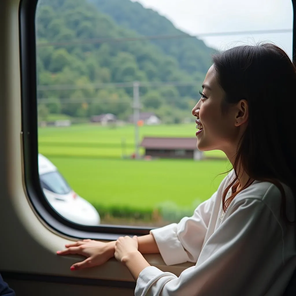 Solo female traveler on Shinkansen bullet train