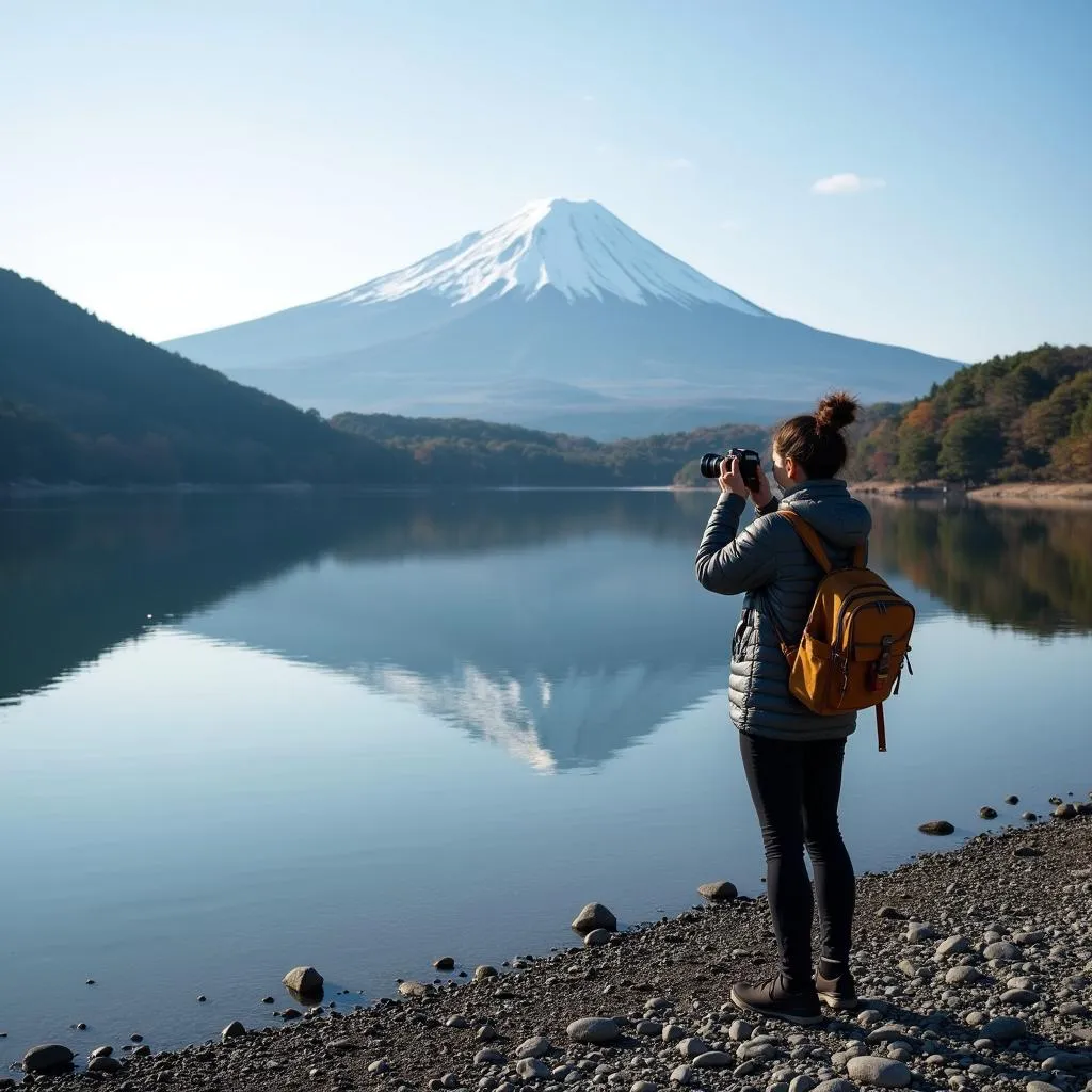 Solo traveler photographing Mt. Fuji from Lake Ashi