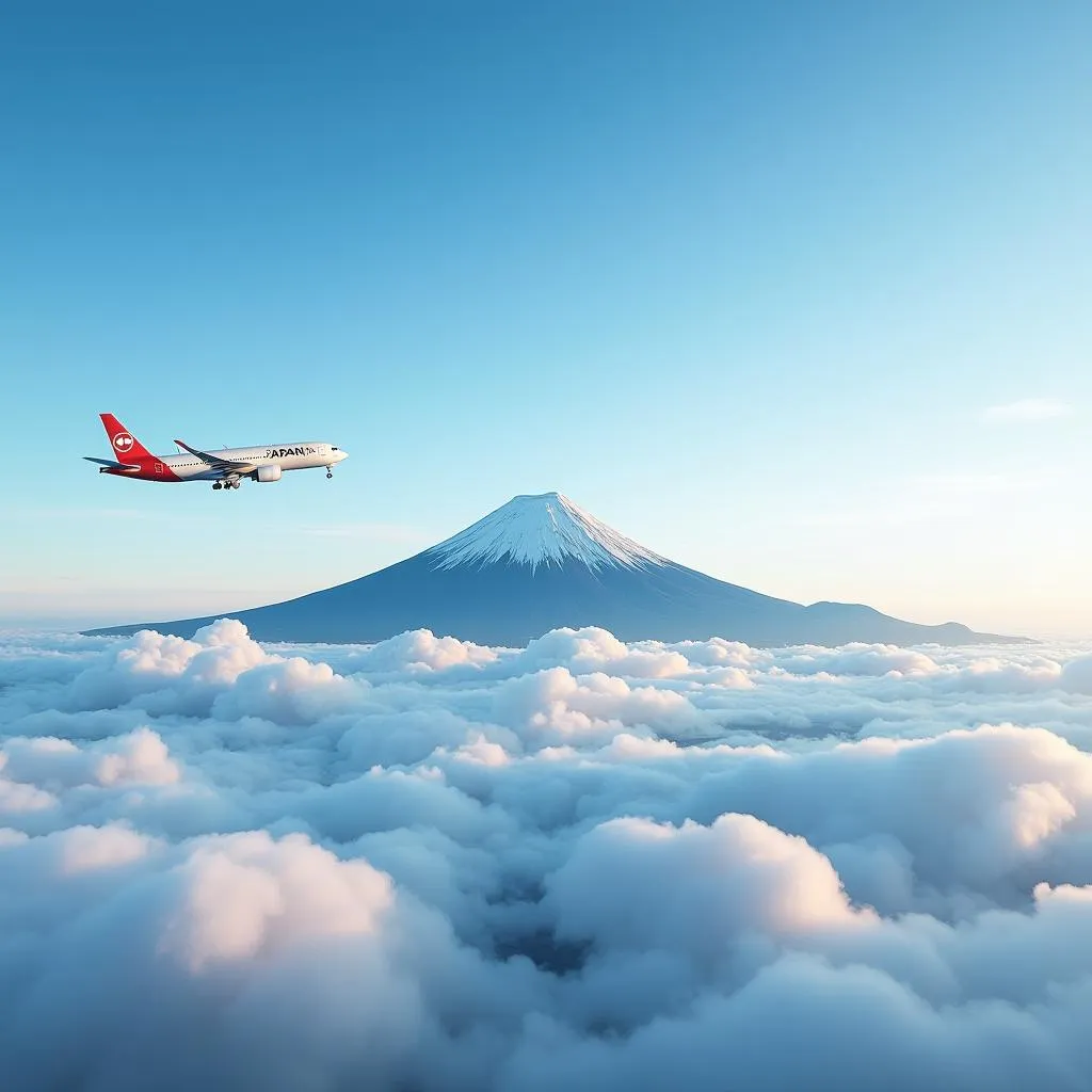 World tour by air with airplane flying over Mount Fuji