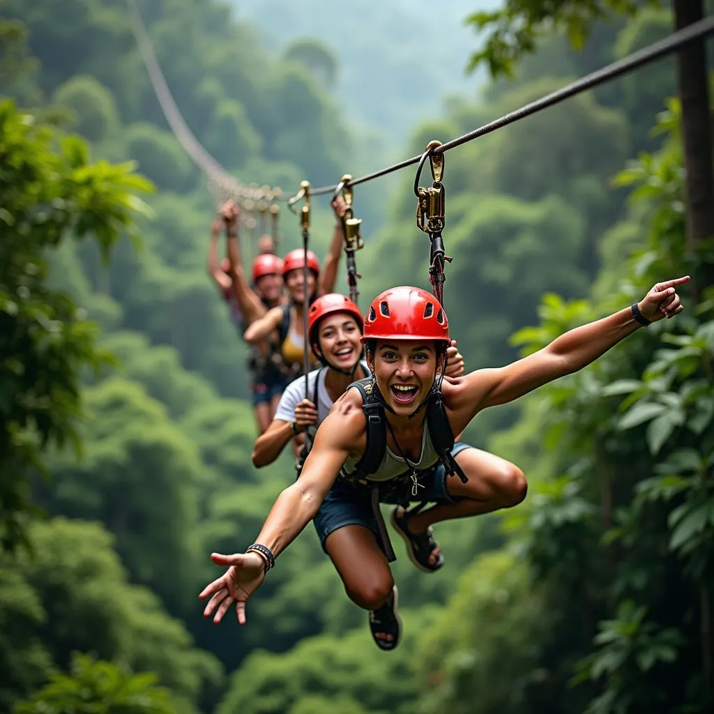 Adventurers ziplining through a vibrant Costa Rican rainforest