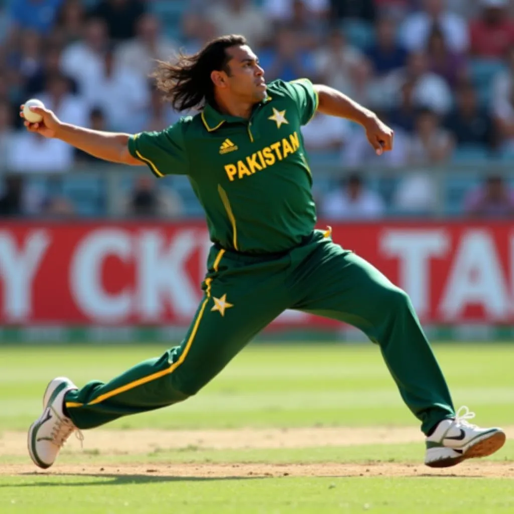 Shoaib Akhtar bowling at full speed during an ODI