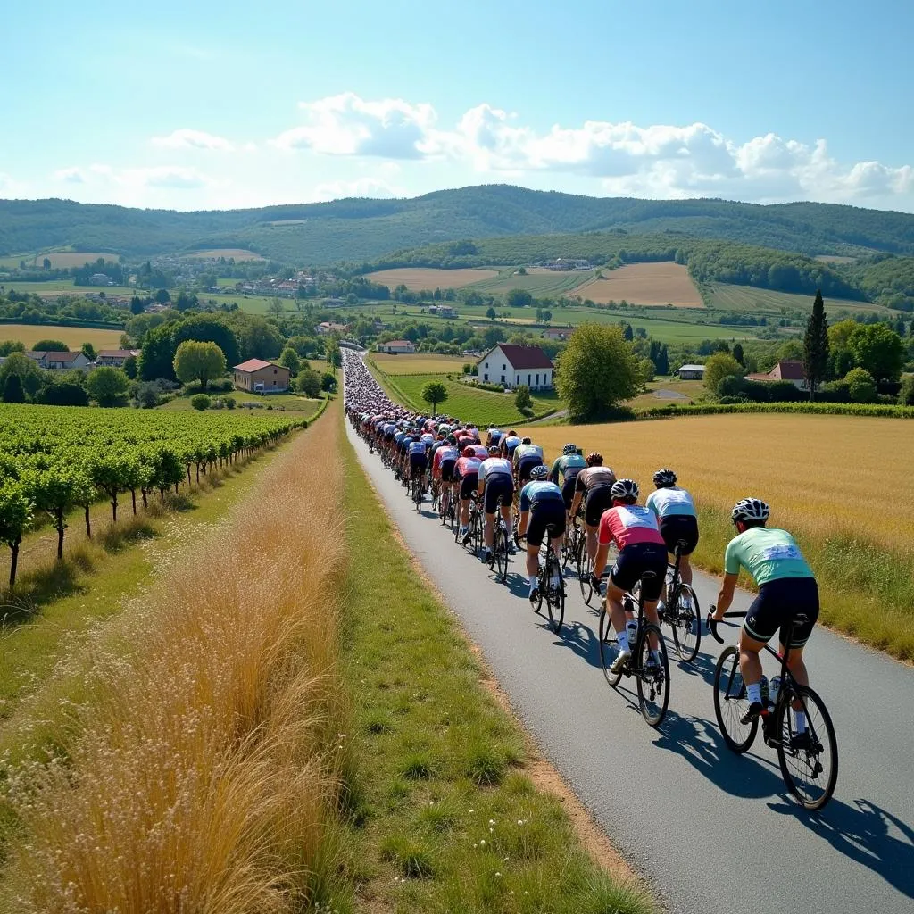 Peloton riding through the French countryside during Stage 21 of the 2009 Tour de France