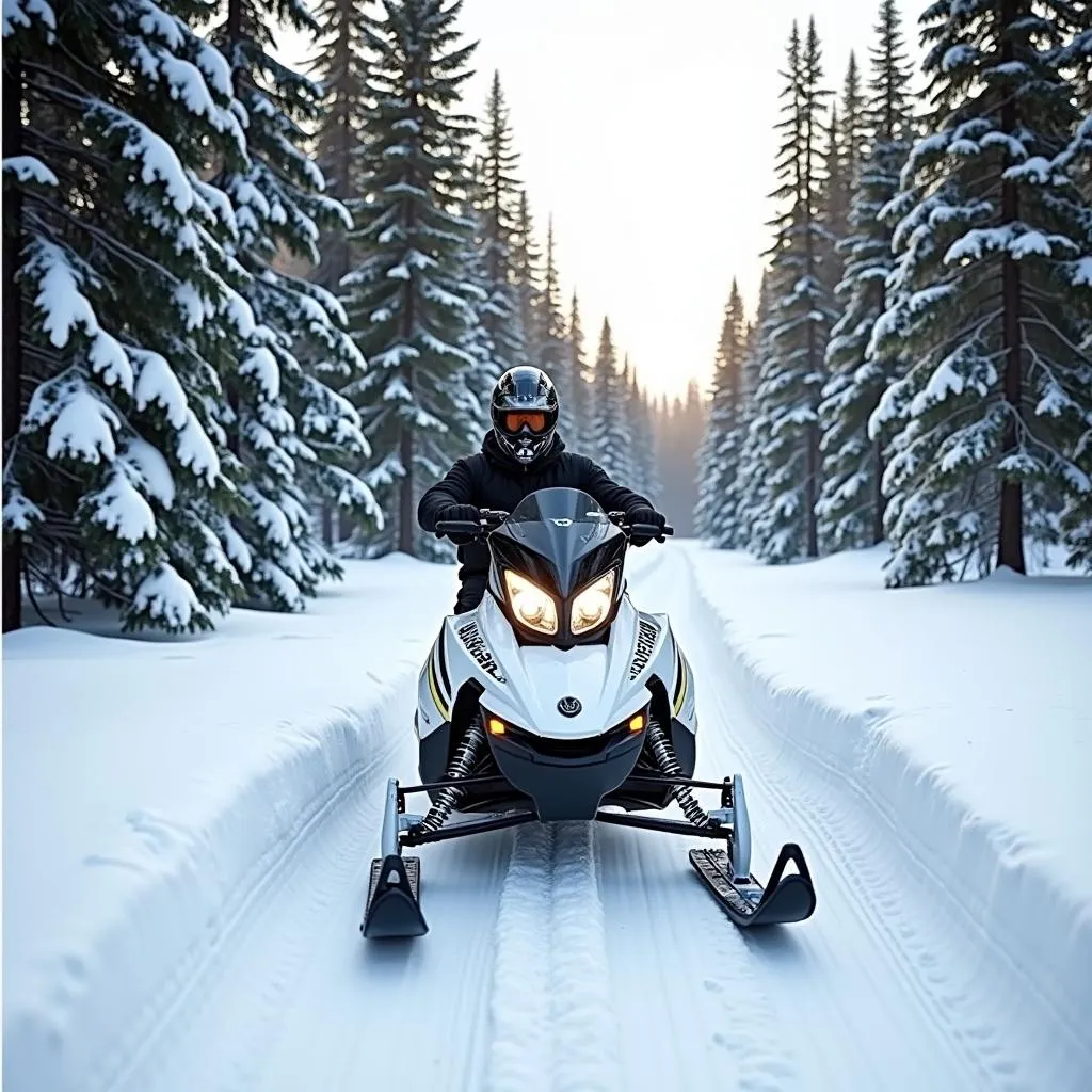 2011 Ski-Doo Grand Touring in action, gliding through a snowy forest landscape