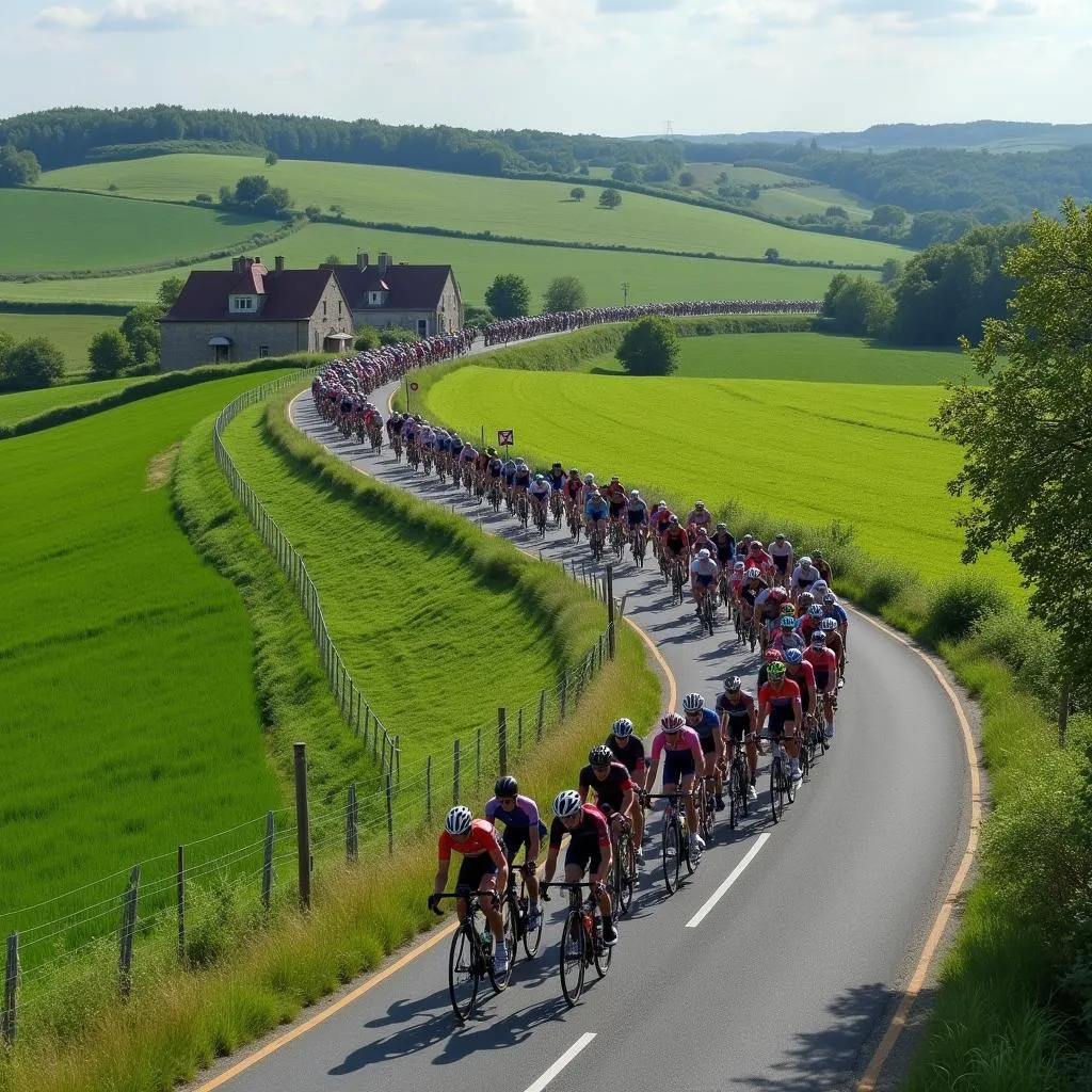 The peloton navigating winding roads through picturesque French countryside during Stage 14 of the 2019 Tour de France